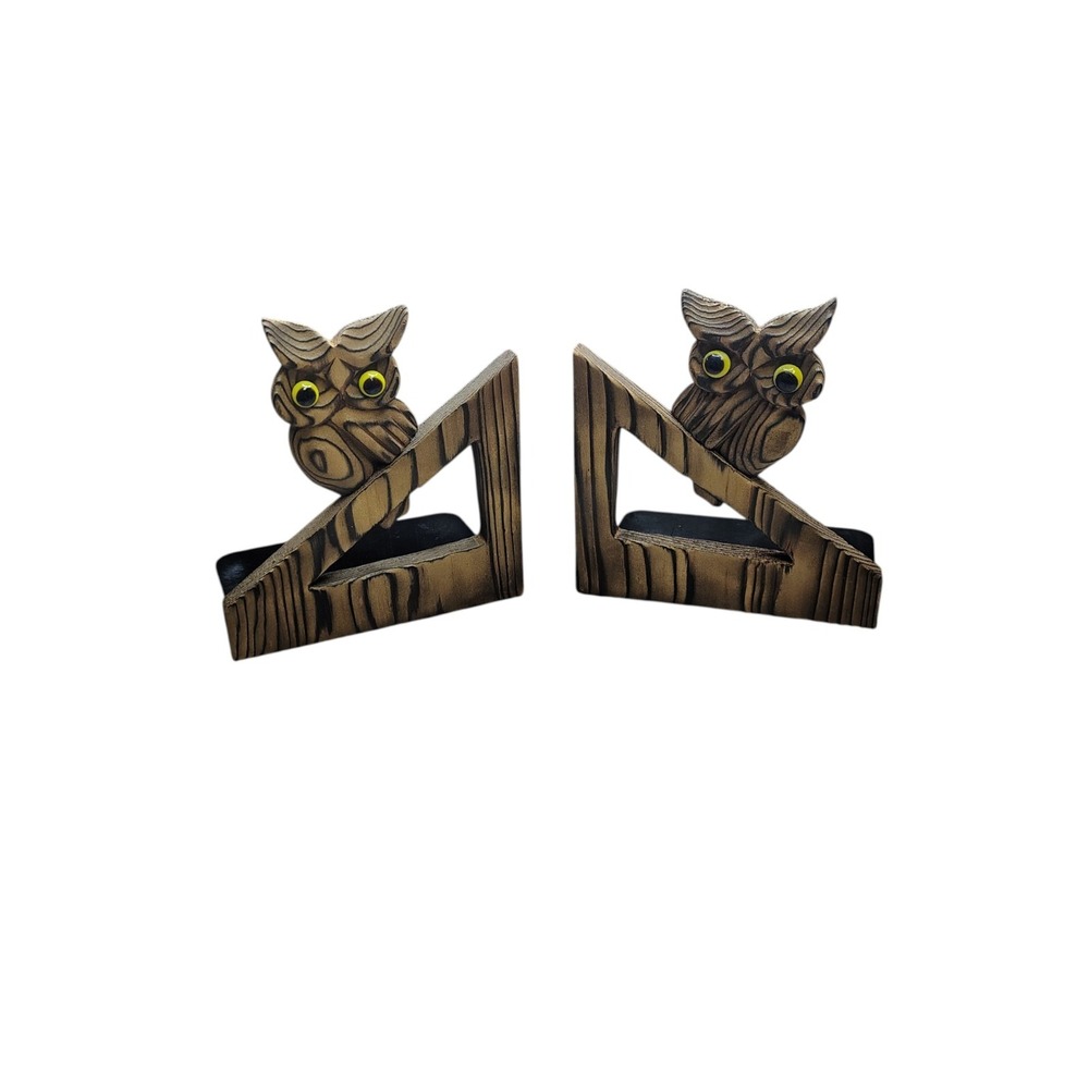 Vintage mcm wooden owl bookends decor cottagecore